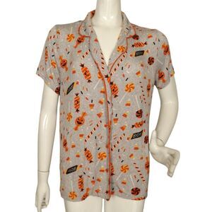 MUNKI MUNKI Pajama Top, L, Halloween, Short sleeves, button front, Jersey, Gray
